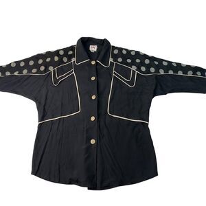 Rinzi VTG Black button down Top sz Medium unique polka-dot artsy